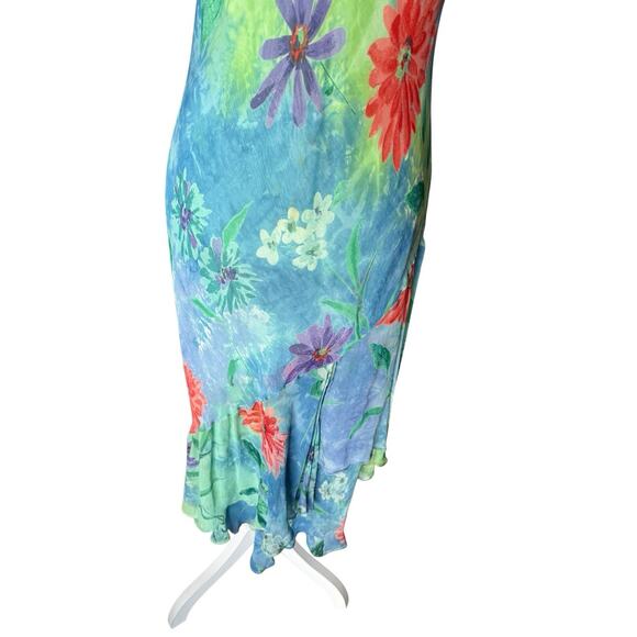 Vtg Silk Floral Dress Mermaid Asymmetrical Flutter Bias Cut Tropical Hawaiian - Picture 8 of 13